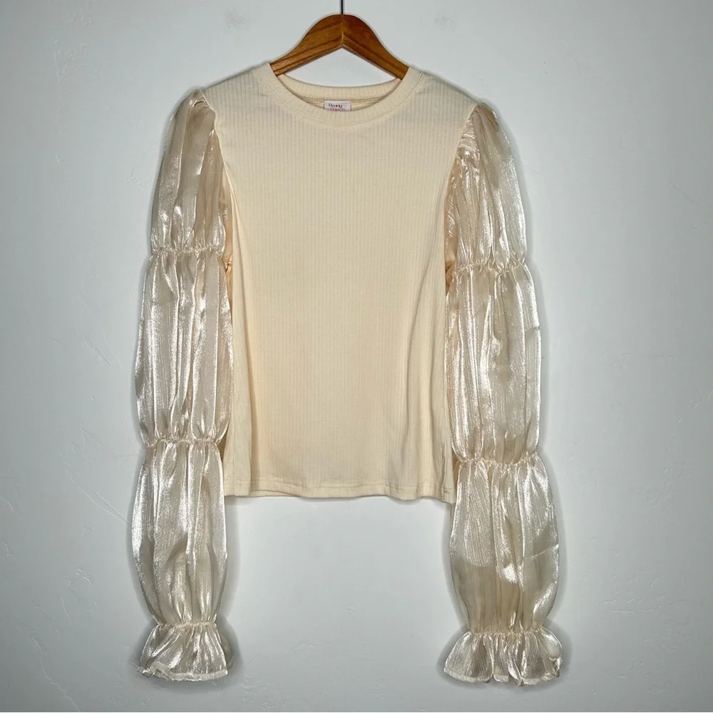 Peony Pastels Cream Ribbed Blouse with Sheer Puff Sleeves Size Large Spring